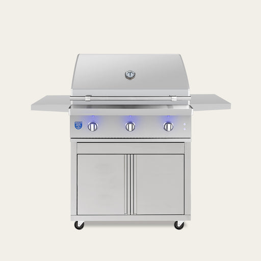 Sleek 36-inch Atlas freestanding grill delivers pro-level searing power in a compact, luxury stainless package for serious backyard cooking.
