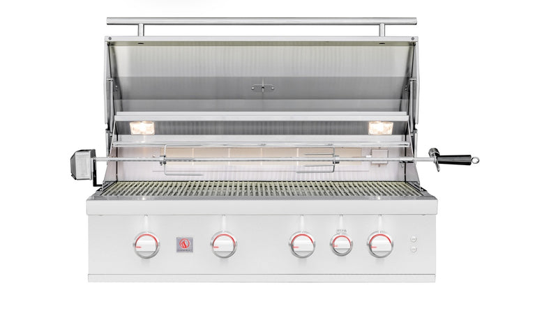 The extra-wide cooking surface, included rotisserie, and interior lighting equip you to grill for a crowd and roast whole cuts with restaurant-level control, day or night.