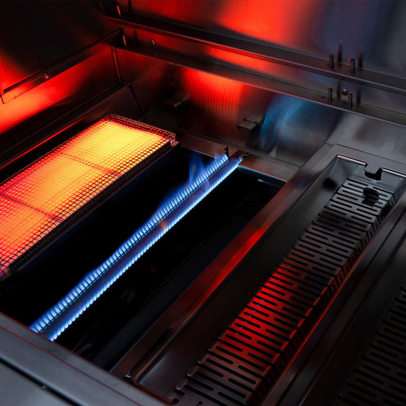Drop‑in infrared burner delivers blazing high heat for steakhouse sear marks in just a few minutes.