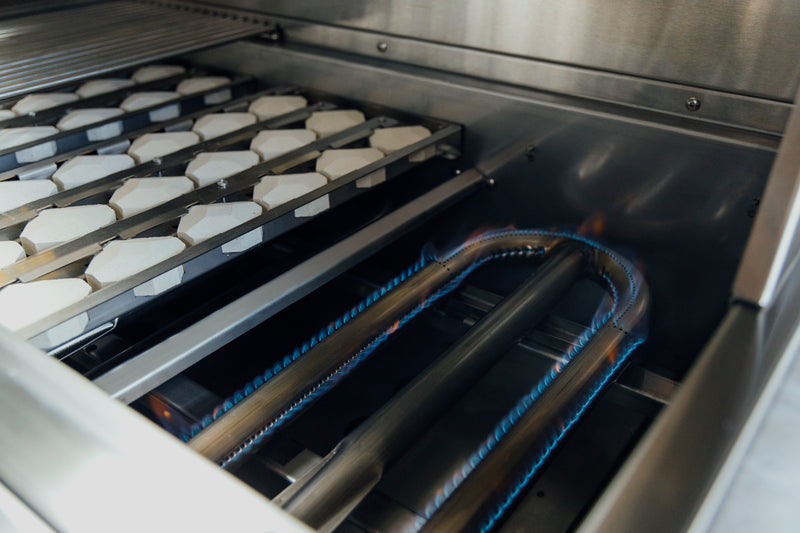 Together the ceramic briquettes and U-shaped burners ensure even heat throughout.