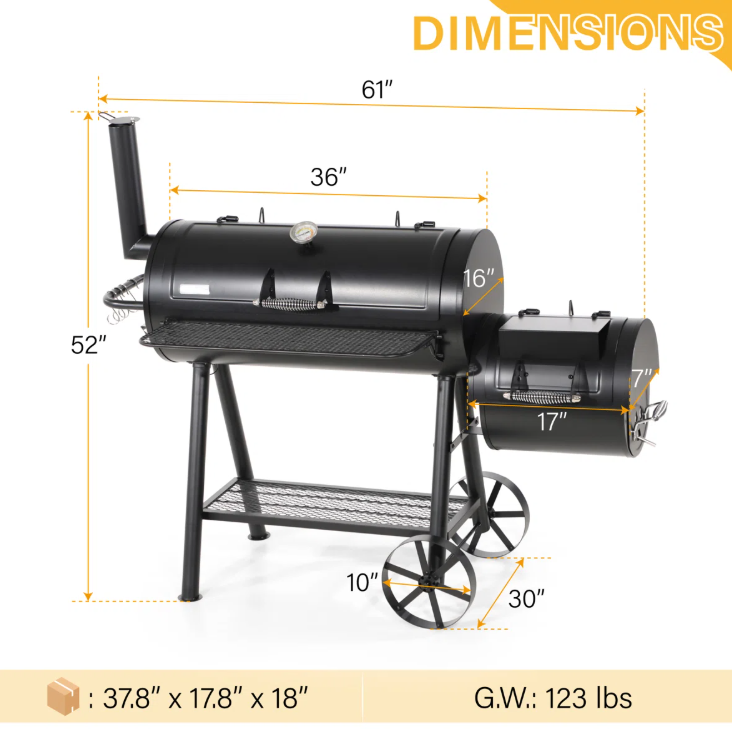 Free-standing 36” Barrel Charcoal Grill w/Offset Smoker
