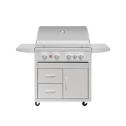 The optional deluxe freestanding cart adds generous storage space, side shelves, and easy-rolling mobility so your Sizzler Pro 32" can cook anywhere on the patio.