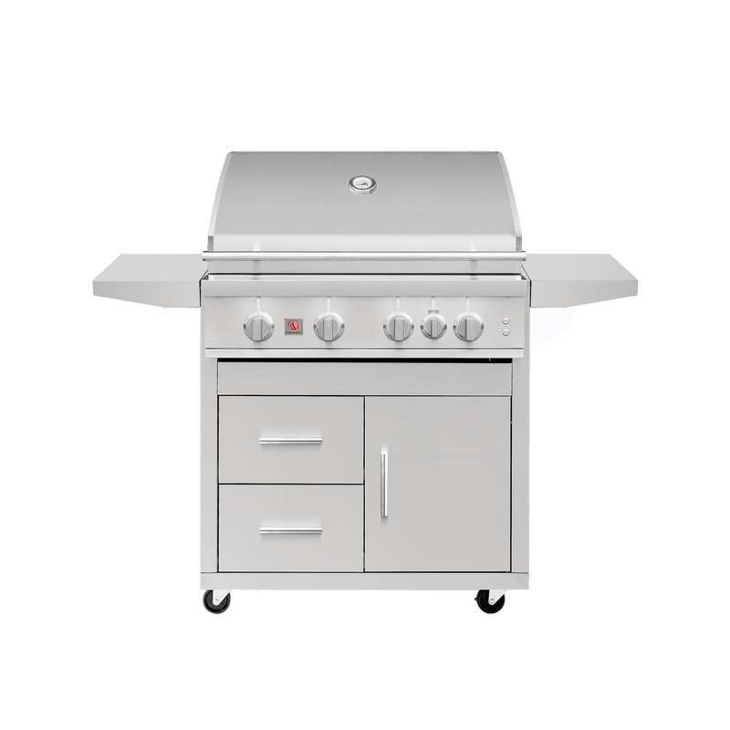 The optional deluxe freestanding cart adds generous storage space, side shelves, and easy-rolling mobility so your Sizzler Pro 32" can cook anywhere on the patio.