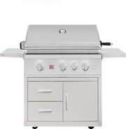 The optional deluxe freestanding cart adds generous storage space, side shelves, and easy-rolling mobility so your TRL Pro 32" can cook anywhere on the patio.
