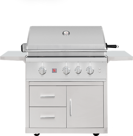 The optional deluxe freestanding cart adds generous storage space, side shelves, and easy-rolling mobility so your TRL Pro 32" can cook anywhere on the patio.