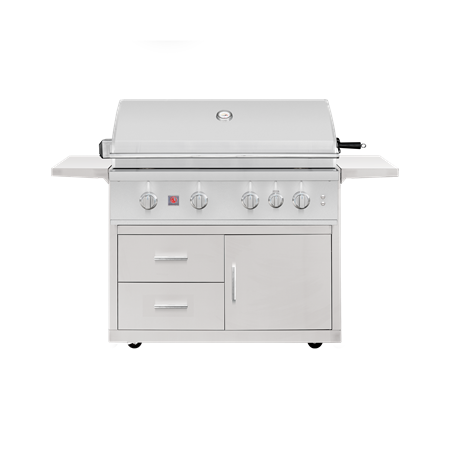 The optional deluxe freestanding cart adds generous storage space, side shelves, and easy-rolling mobility so your TRL Pro 40" can cook anywhere on the patio.
