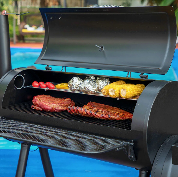Free-standing 36” Barrel Charcoal Grill w/Offset Smoker