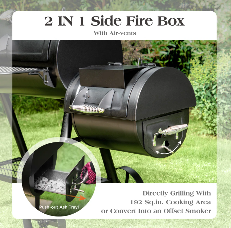 Free-standing 36” Barrel Charcoal Grill w/Offset Smoker