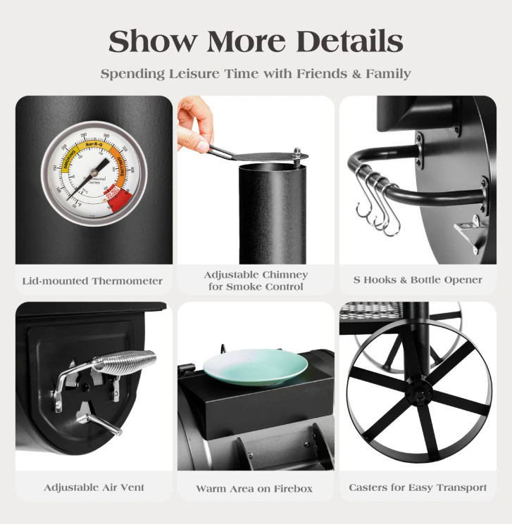 Free-standing 36” Barrel Charcoal Grill w/Offset Smoker