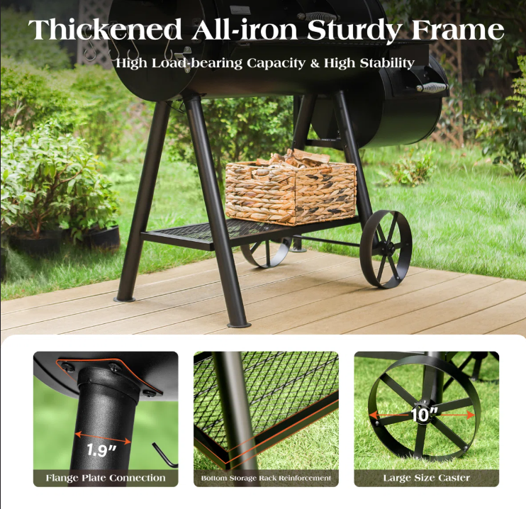 Free-standing 36” Barrel Charcoal Grill w/Offset Smoker