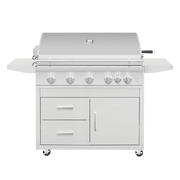 The optional deluxe freestanding cart adds generous storage space, side shelves, and easy-rolling mobility so your Sizzler Pro 40" can cook anywhere on the patio.