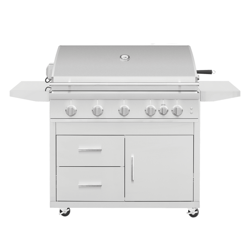 The optional deluxe freestanding cart adds generous storage space, side shelves, and easy-rolling mobility so your Sizzler Pro 40" can cook anywhere on the patio.