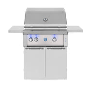 Sleek 30" Estate on optional stainless cart gives you a compact, luxury grilling station with storage and side shelves ready for expert backyard cooking.