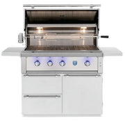 Expansive 42-inch cooking surface, rotisserie kit, interior halogen lights, external LED lights, and spring‑assisted hood make it easy to grill for a crowd with clear visibility and precise control.