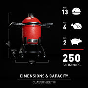 Classic Joe III capacity of 250 sq. in. of cooking space provides room for up to 13 burgers, 4 chickens, or 2 pork shoulders in a patio‑friendly footprint.