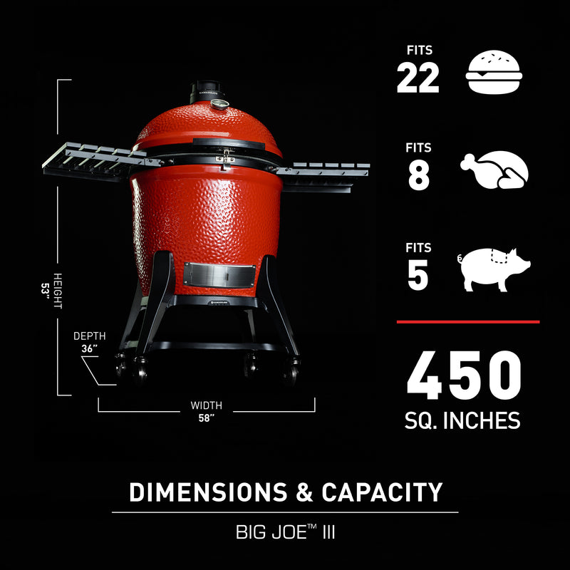 With 450 sq. in. of cooking space, Big Joe III has room for up to 22 burgers, 8 chickens, or 5 pork butts in a patio‑friendly footprint.