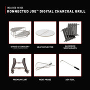 Multiple premium accessories are included with the Konnected Big Joe - including aluminum side shelves, steel cart, and helpful cooking tools.