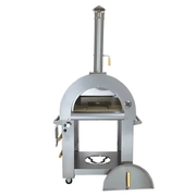 Front view (door open) of the KoKoMo Dual-Fuel Pizza Oven on stainless steel cart