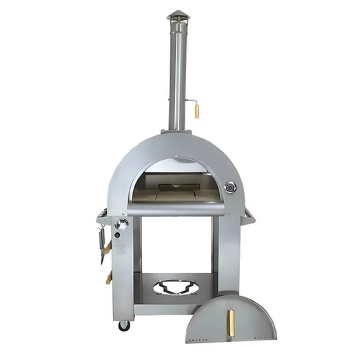 Front view (door open) of the KoKoMo Dual-Fuel Pizza Oven on stainless steel cart