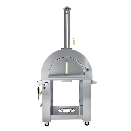 Front view (door closed) of the KoKoMo Dual-Fuel Pizza Oven on stainless steel cart
