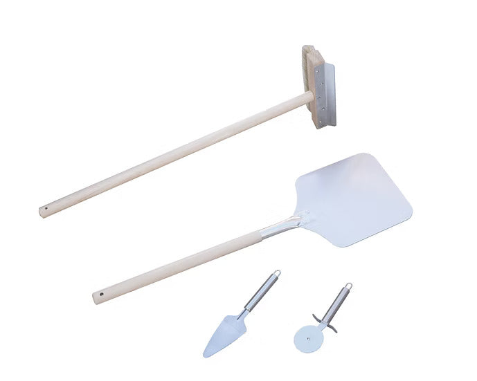 Four (4) handy accessory tools are included with the Kokomo dual-fuel oven: cleaning brush, pizza peel, serving tool, and pizza cutter.