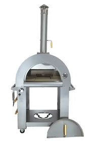 Front view (door open) of the KoKoMo Dual-Fuel Pizza Oven on stainless steel cart