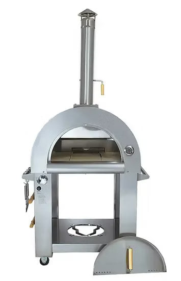Front view (door open) of the KoKoMo Dual-Fuel Pizza Oven on stainless steel cart