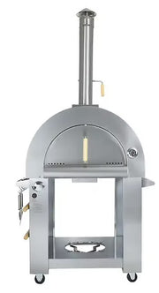Front view (door closed) of the KoKoMo Dual-Fuel Pizza Oven on stainless steel cart