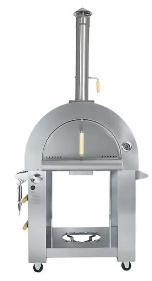 Front view (door closed) of the KoKoMo Dual-Fuel Pizza Oven on stainless steel cart