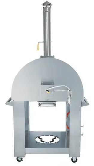 Rear view of the KoKoMo Dual-Fuel Pizza Oven on stainless steel cart