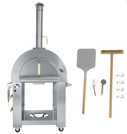 Kokomo 32-inch dual-fuel stainless steel pizza oven with the included four (4) accessory tools