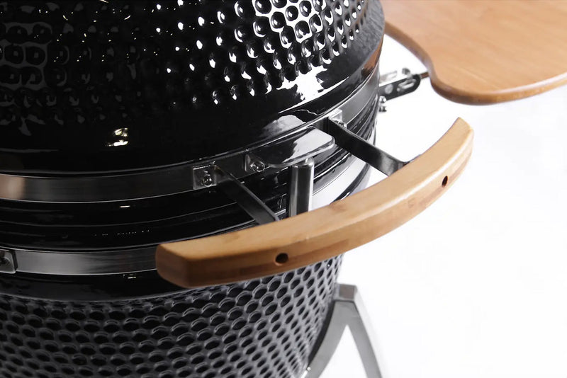 Smooth wood handles ensures smooth, safe opening and closing of the Kokomo 21-inch kamado grill.