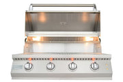 An open-hood view of Kokomo 4-burner gas grill shows how built‑in lights and front controls make nighttime grilling effortless