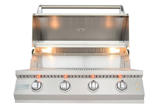 An open-hood view of Kokomo 4-burner gas grill shows how built‑in lights and front controls make nighttime grilling effortless
