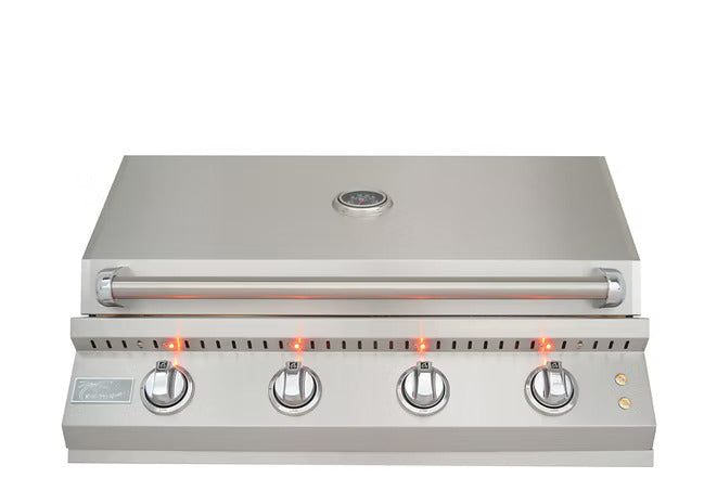 The closed-hood profile of Kokomo 4-burner gas grill with LED-lit knobs elevates any outdoor kitchen with its sleek, professional look