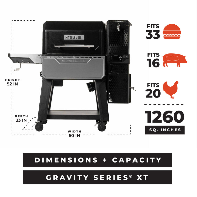 The XT fits 16 full racks of ribs, 20 whole chickens, or 33 hamburgers, making cooking for family feasts easy.