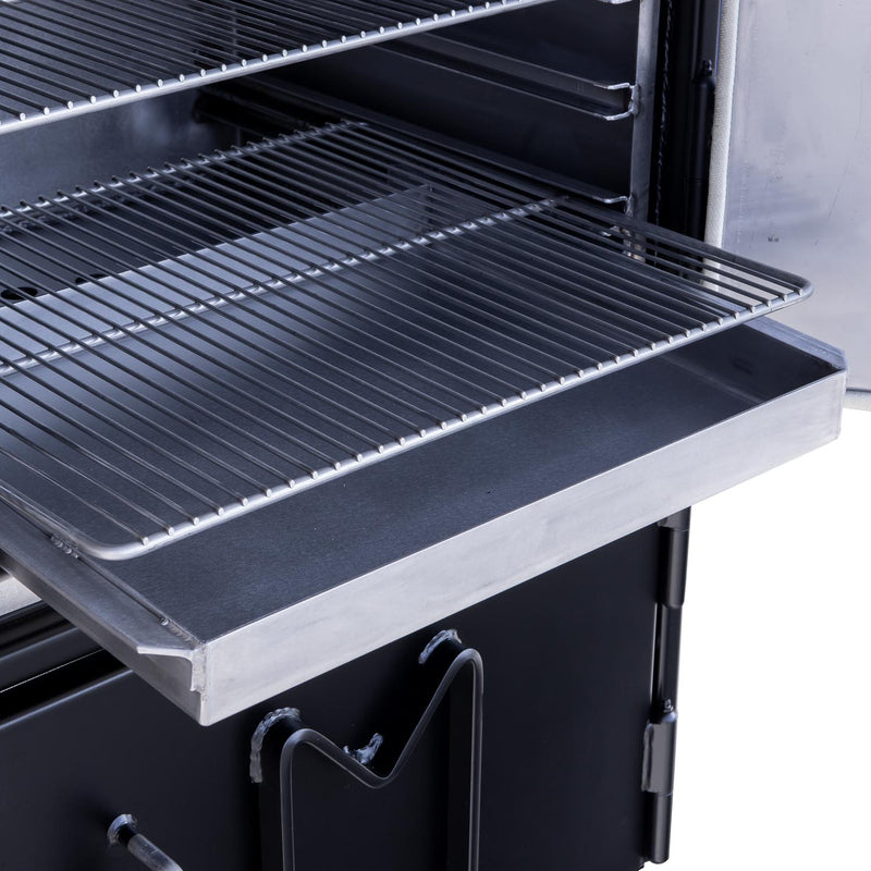 Slide-out Stainless Steel Cooking Grates and Grease Pan on BX50 Box Smoker with Optional Stainless Steel Interior
