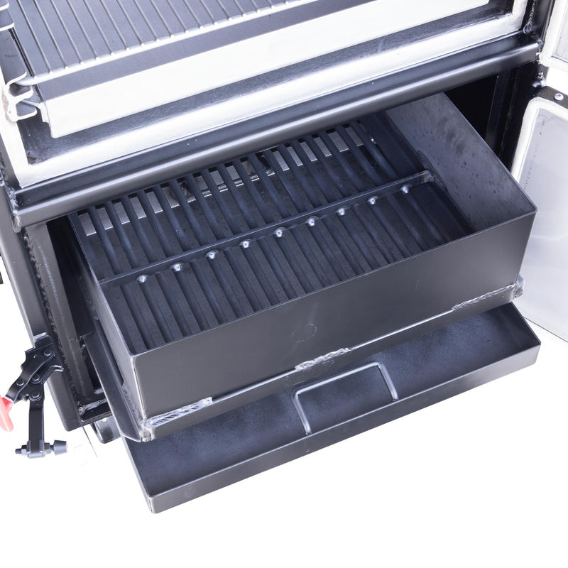 Slide-out Grates, Grease Pan, Charcoal Basket, and Ash Pan on BX50 Box Smoker with Optional Stainless Steel Interior