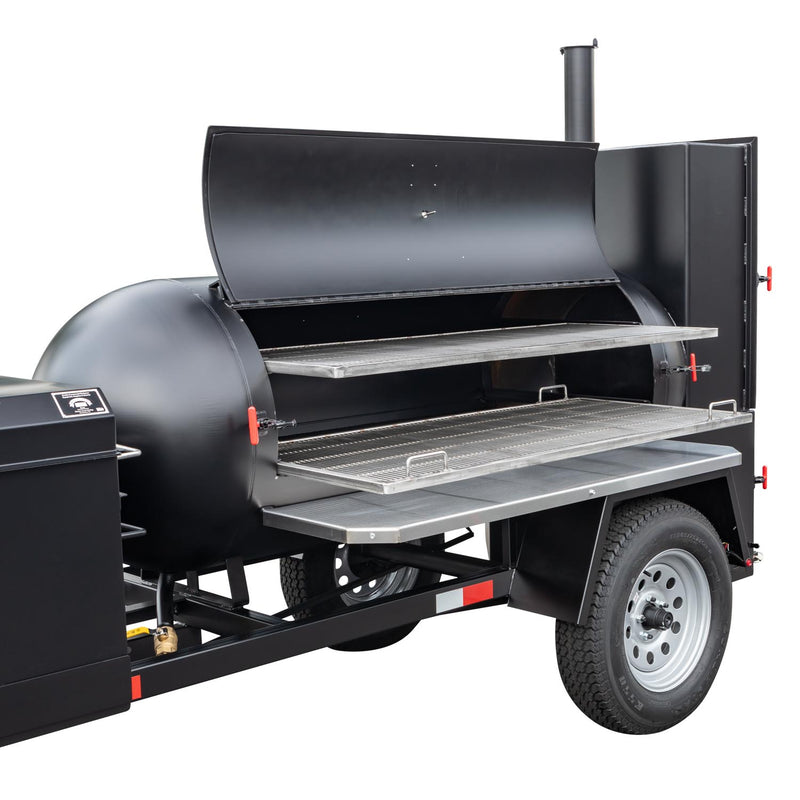 Sliding Stainless Steel Grates on TS250 Tank Smoker with Optional BBQ42 and Stainless Steel Exterior Shelves