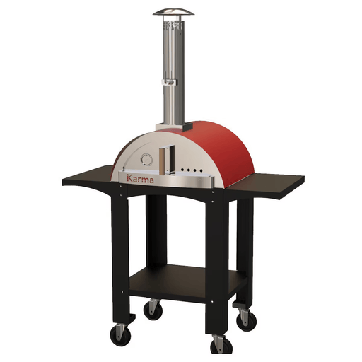 Karma 25" Wood-Fired Pizza Oven (Red) with Wheeled Cart. Locking casters let you cook authentic wood‑fired pizza where you want.