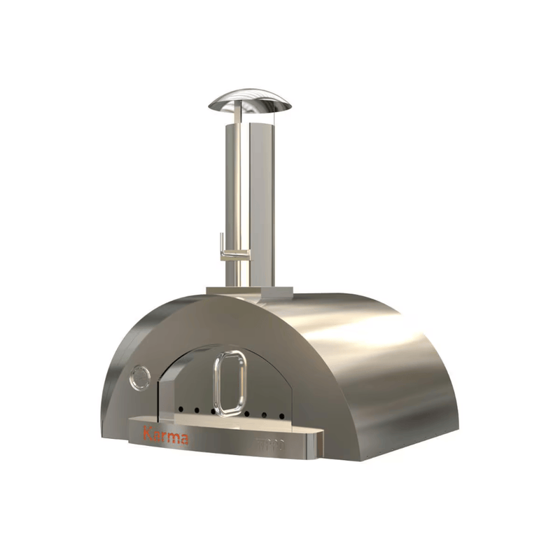 Countertop-ready Karma 32 drops into outdoor kitchens for a clean, professional wood-fired centerpiece. Optional stainless steel cart is available.
