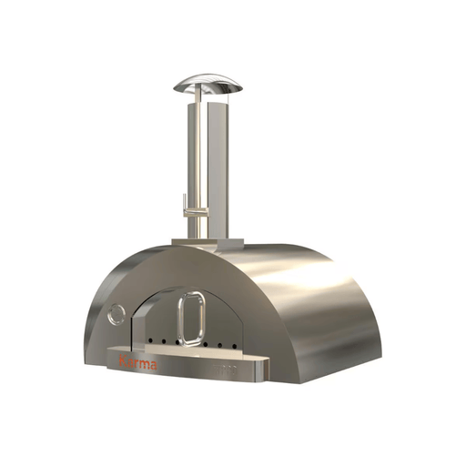 Countertop-ready Karma 32 drops into outdoor kitchens for a clean, professional wood-fired centerpiece. Optional stainless steel cart is available.
