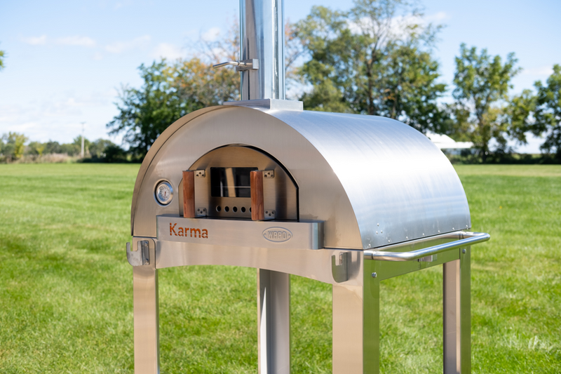 Low-profile, insulated design of the Karma 32 focuses heat on the stone deck for fast, even bakes and crisp crusts. Shown on optional cart.