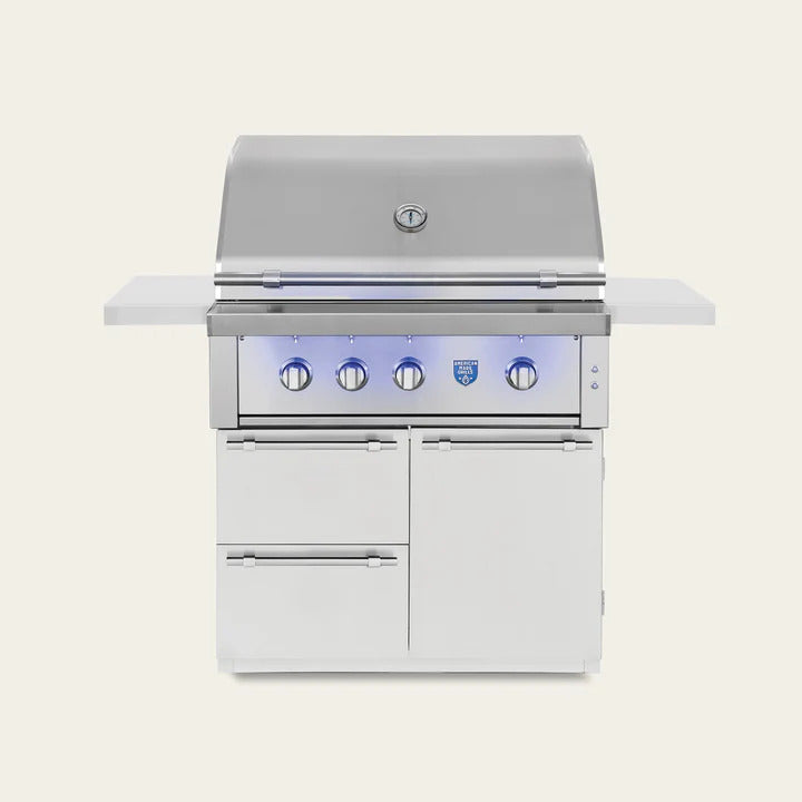 AMG's Estate 36 with stainless cart option gives you a mid-size, luxury grilling station with built‑in storage and fold-down shelves that fits easily on most patios.