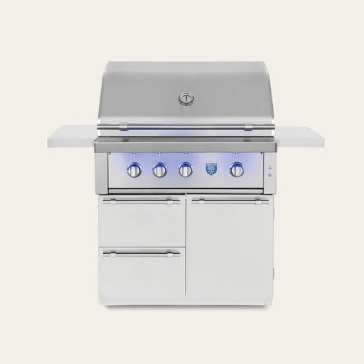 AMG's Estate 36 with stainless cart option gives you a mid-size, luxury grilling station with built‑in storage and fold-down shelves that fits easily on most patios.