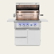 Spacious 36-inch cooking surface, rotisserie kit, interior halogen lights, external LED lights, and spring-assisted hood make it easy to manage big cooks with precise control, even at night.