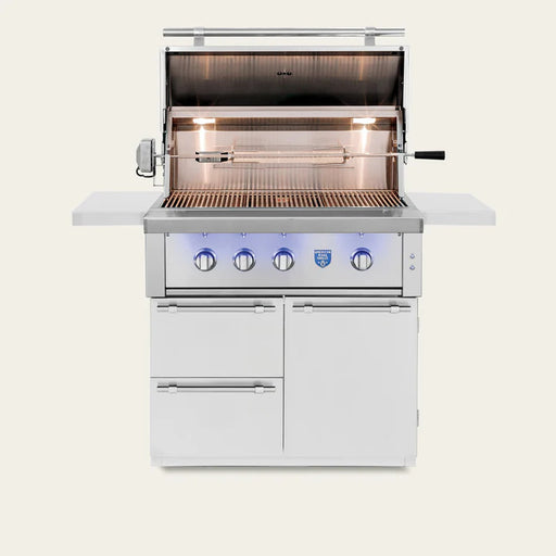 Spacious 36-inch cooking surface, rotisserie kit, interior halogen lights, external LED lights, and spring-assisted hood make it easy to manage big cooks with precise control, even at night.