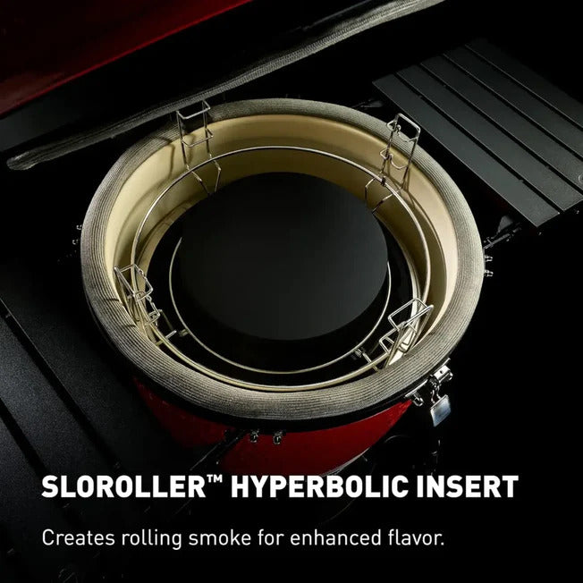 SloRoller insert installed in grill shows how the hyperbolic chamber circulates smoke for more even flavor
