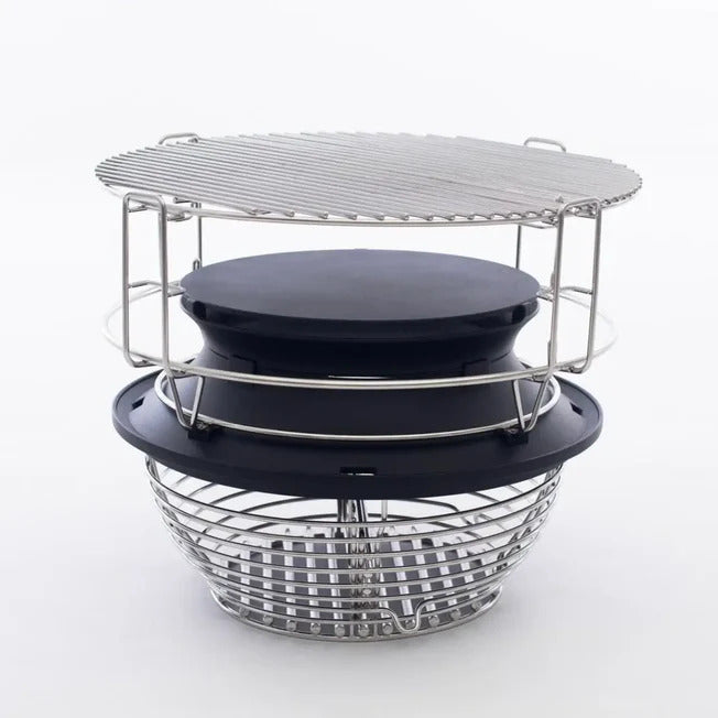Side view of SloRoller smoke chamber, cooking rack, and charcoal basket assembly - helping users visualize the low-and-slow smoking setup.