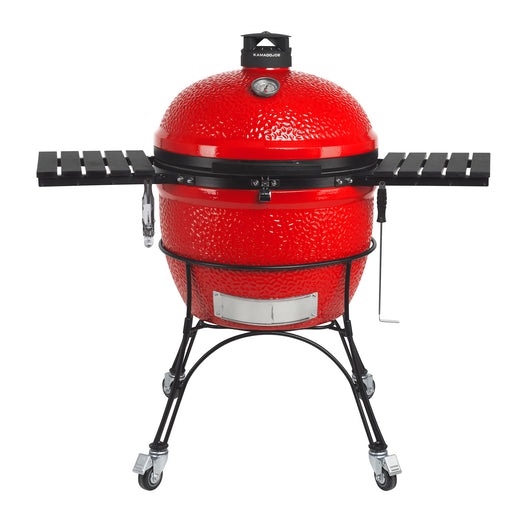 Kamado Joe Big Joe II 24-inch charcoal grill on cart with side shelves extended  gives backyard cooks extra prep space around the cooker